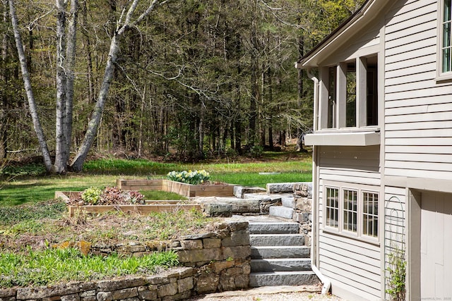 view of yard featuring a vegetable garden and a wooded view