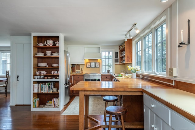kitchen with dark wood-style flooring, open shelves, a sink, wall chimney exhaust hood, and stainless steel appliances