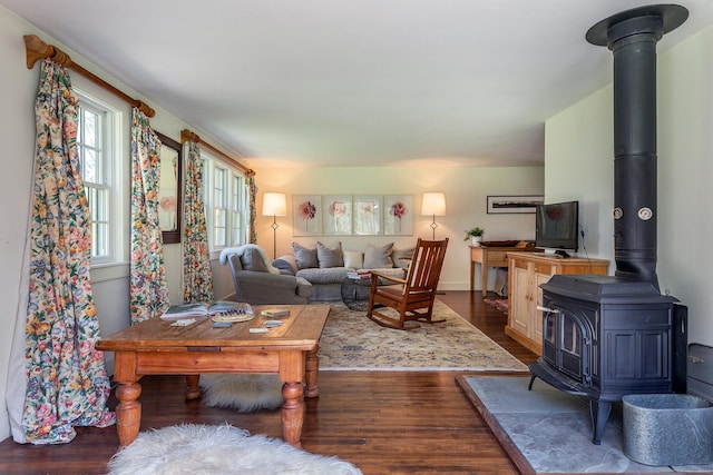 living room featuring dark wood-style flooring and a wood stove