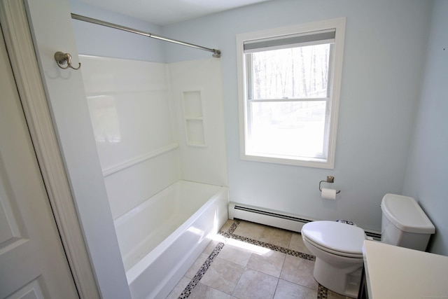 full bath featuring toilet, tile patterned floors, a baseboard heating unit, and plenty of natural light
