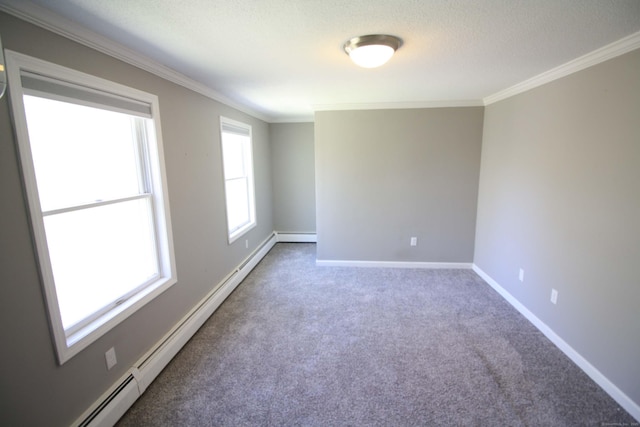 empty room featuring a textured ceiling, crown molding, baseboards, a baseboard radiator, and carpet flooring