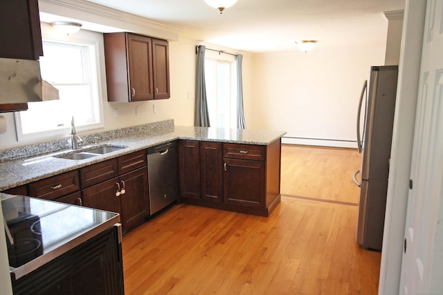 kitchen with a sink, light wood-style flooring, stainless steel appliances, a peninsula, and a baseboard radiator