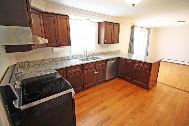 kitchen with electric range oven, dishwasher, a sink, light wood finished floors, and a peninsula