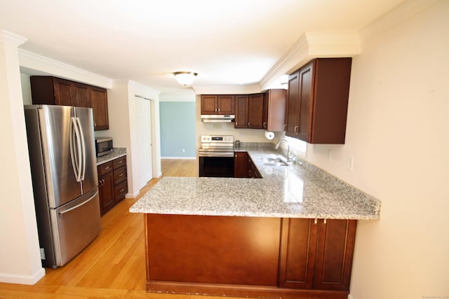 kitchen with stainless steel appliances, a sink, light wood-style flooring, and a peninsula