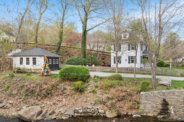 view of yard with an outdoor structure and a fenced front yard
