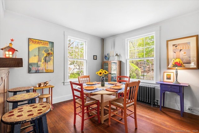 dining room featuring crown molding, radiator, baseboards, and wood-type flooring