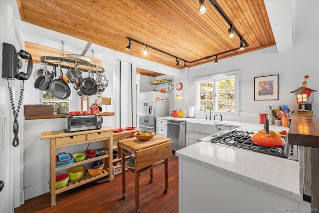 kitchen with wooden ceiling, stainless steel appliances, track lighting, and a sink