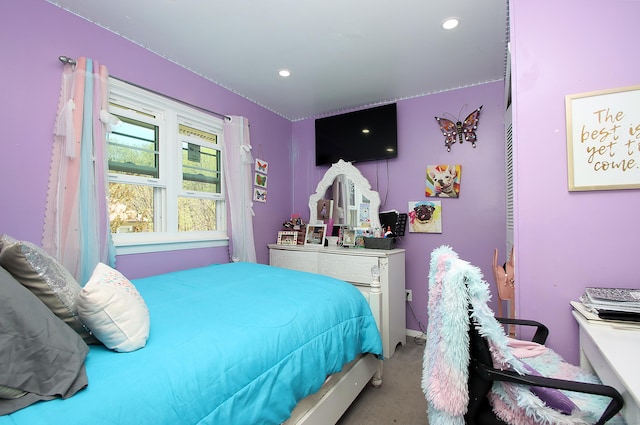 carpeted bedroom featuring recessed lighting