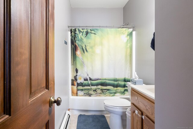 bathroom with a baseboard heating unit, vanity, tile patterned floors, toilet, and shower / tub combo