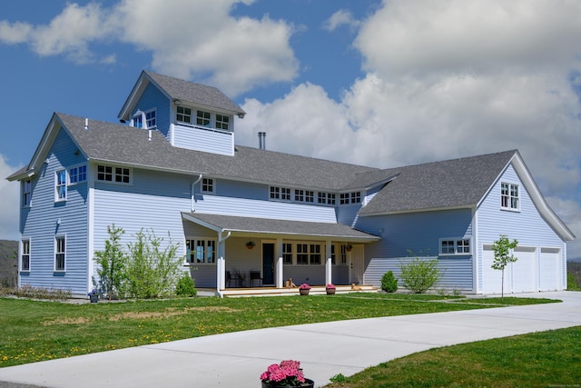 34 Knibloe Hill Rd, Sharon, CT 06069 - view of front of home featuring a shingled roof, concrete driveway, a porch, and a front yard