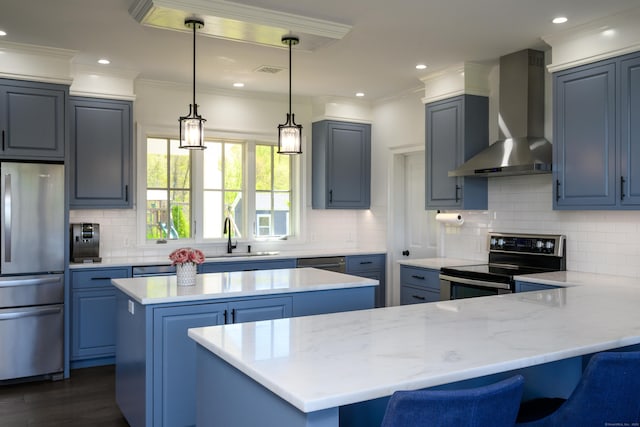 34 Knibloe Hill Rd, Sharon, CT 06069 - kitchen with a center island, crown molding, wall chimney exhaust hood, and appliances with stainless steel finishes