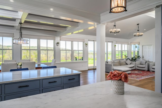 34 Knibloe Hill Rd, Sharon, CT 06069 - sunroom / solarium with beam ceiling and a notable chandelier