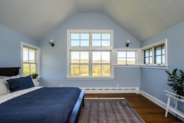 34 Knibloe Hill Rd, Sharon, CT 06069 - bedroom with baseboards, a baseboard radiator, vaulted ceiling, and wood finished floors