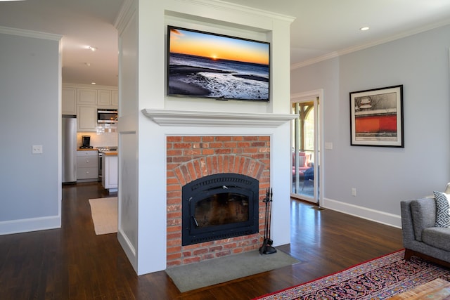 34 Knibloe Hill Rd, Sharon, CT 06069 - living room featuring baseboards, crown molding, dark wood-style floors, and a fireplace