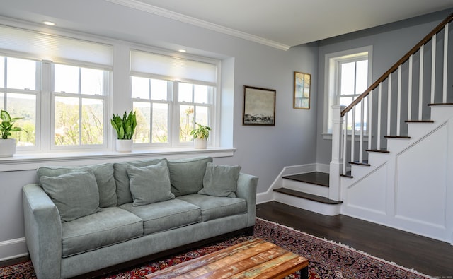 34 Knibloe Hill Rd, Sharon, CT 06069 - living area featuring baseboards, ornamental molding, dark wood-style flooring, and stairway