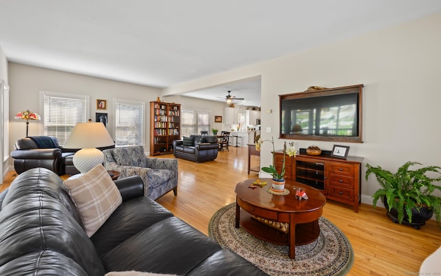 living area featuring ceiling fan, light wood finished floors, and a wealth of natural light