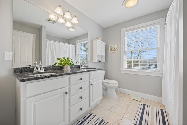 full bath featuring visible vents, a sink, baseboards, and double vanity