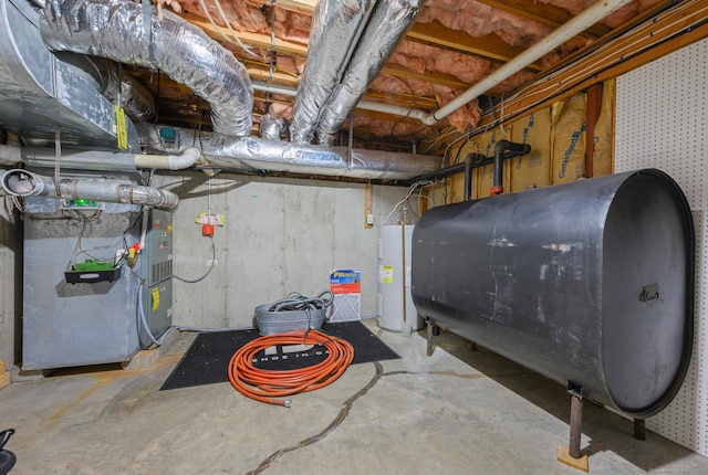 unfinished below grade area with heating unit, heating fuel, and water heater
