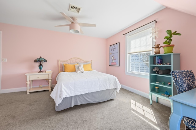 carpeted bedroom with visible vents, baseboards, ceiling fan, and lofted ceiling