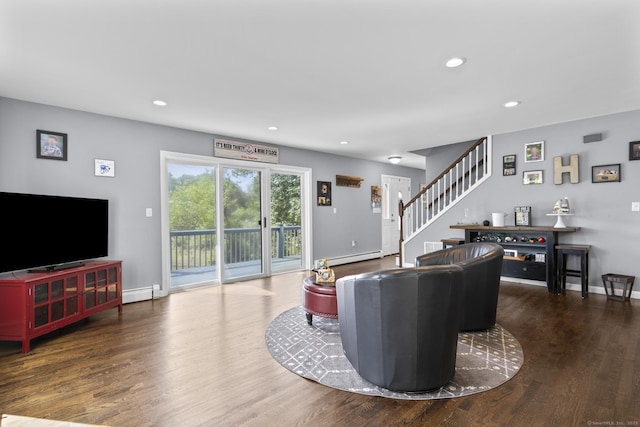 117 Mansfield Grove Rd, East Haven, CT 06512 - living area featuring wood finished floors, stairway, a baseboard heating unit, and recessed lighting
