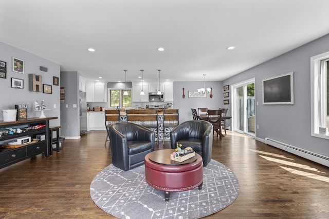 117 Mansfield Grove Rd, East Haven, CT 06512 - living area featuring a chandelier, dark wood finished floors, baseboard heating, and recessed lighting