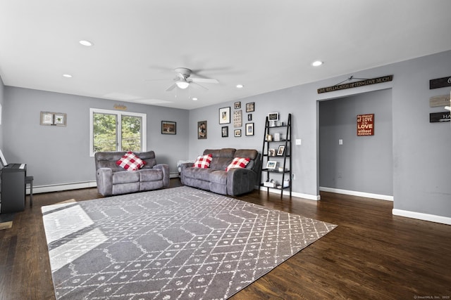 117 Mansfield Grove Rd, East Haven, CT 06512 - living room with a baseboard radiator, ceiling fan, wood finished floors, recessed lighting, and a baseboard heating unit