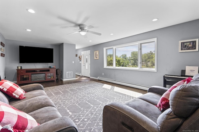 117 Mansfield Grove Rd, East Haven, CT 06512 - living room with baseboard heating, a ceiling fan, wood finished floors, and recessed lighting