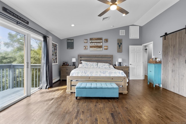 117 Mansfield Grove Rd, East Haven, CT 06512 - bedroom with a barn door, baseboard heating, wood finished floors, vaulted ceiling, and access to exterior