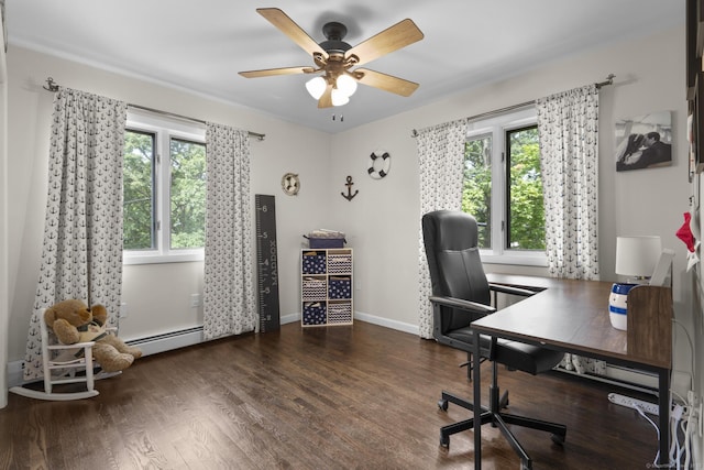117 Mansfield Grove Rd, East Haven, CT 06512 - home office with baseboard heating, a ceiling fan, and wood finished floors