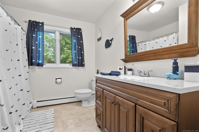 117 Mansfield Grove Rd, East Haven, CT 06512 - full bathroom featuring baseboard heating, vanity, tile patterned floors, and a shower with shower curtain