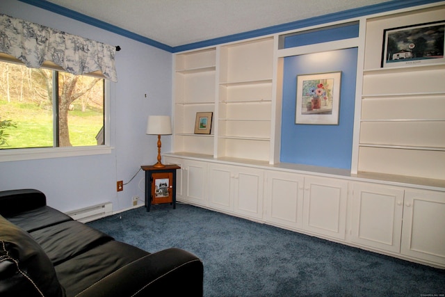 sitting room with dark colored carpet and a baseboard radiator
