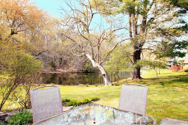 view of grassy yard with a water view