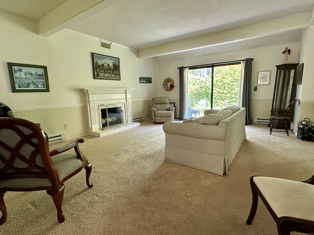 336 Heritage Vlg Unit B, Southbury, CT 06488 - living room featuring carpet floors, a baseboard radiator, beamed ceiling, baseboard heating, and a textured ceiling