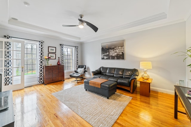 24 Scott Rd, Oxford, CT 06478 - living area featuring a tray ceiling, crown molding, light wood-style floors, ceiling fan, and baseboards