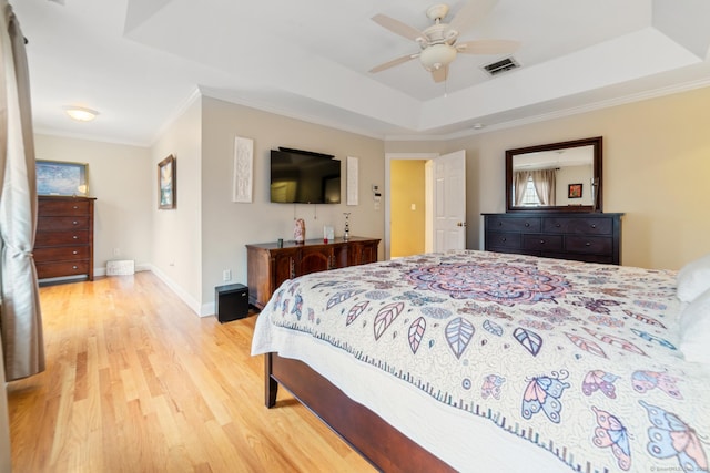 24 Scott Rd, Oxford, CT 06478 - bedroom featuring a raised ceiling, light wood-type flooring, ornamental molding, a ceiling fan, and baseboards
