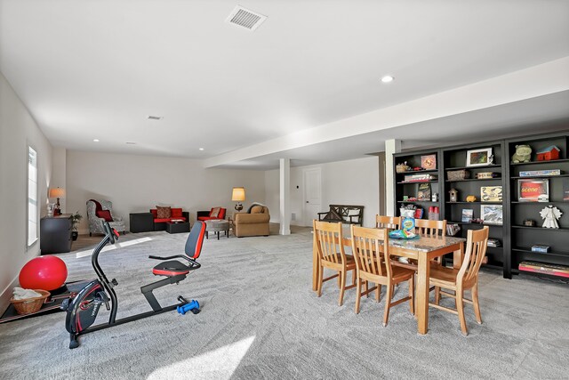 rec room featuring visible vents, recessed lighting, and light carpet
