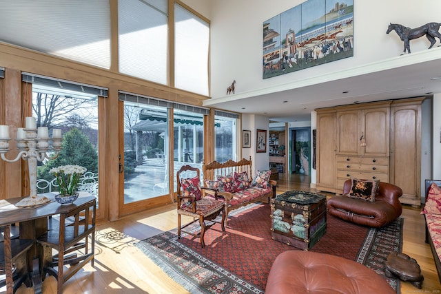 living room featuring a high ceiling and light wood-style flooring