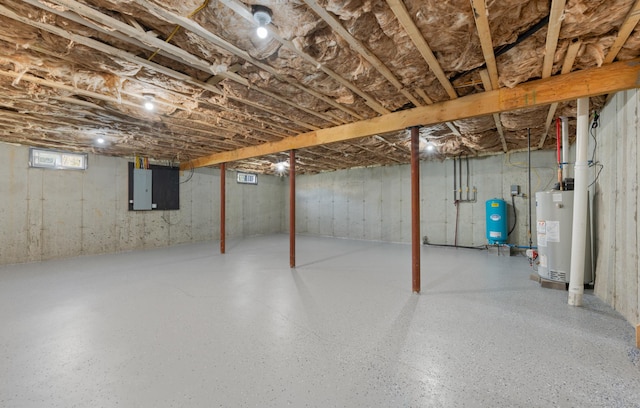 basement with gas water heater and electric panel