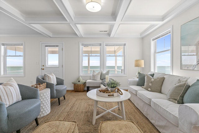 living room featuring coffered ceiling, beam ceiling, and a healthy amount of sunlight
