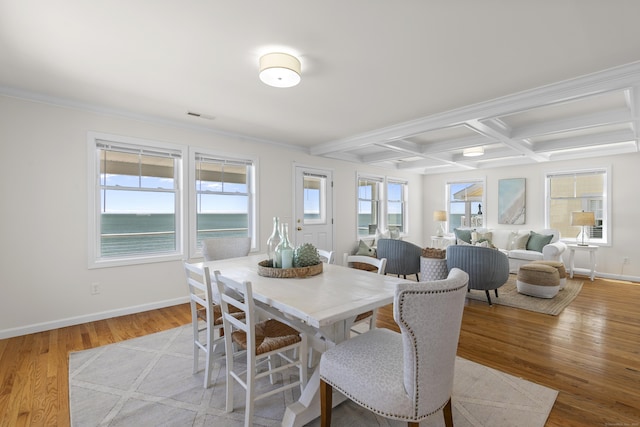 dining space featuring coffered ceiling, visible vents, baseboards, beamed ceiling, and light wood-style floors