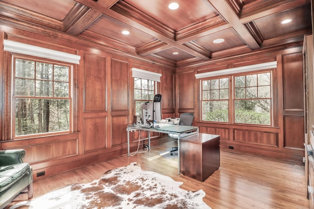 office with beamed ceiling, recessed lighting, wooden ceiling, and light wood-type flooring