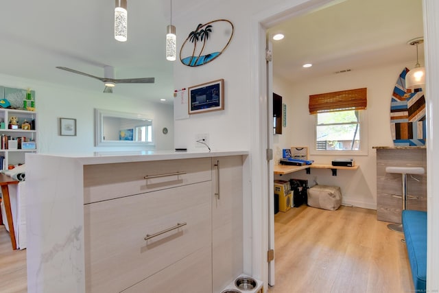 53 E Broadway Unit D, Milford, CT 06460 - kitchen with recessed lighting, light countertops, ceiling fan, light wood-type flooring, and pendant lighting