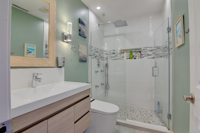 53 E Broadway Unit D, Milford, CT 06460 - bathroom with recessed lighting, a shower stall, vanity, toilet, and visible vents