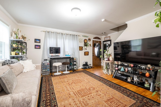 living area featuring wood finished floors, a healthy amount of sunlight, and crown molding