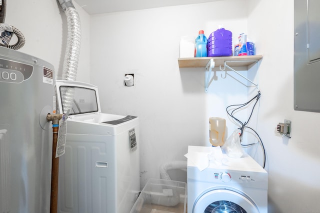 washroom with washer and dryer, electric panel, and laundry area