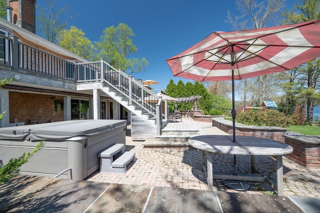 70 N Lake Shore Dr, Brookfield, CT 06804 - view of patio / terrace featuring a hot tub, stairway, and a deck