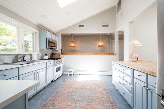 70 N Lake Shore Dr, Brookfield, CT 06804 - kitchen featuring backsplash, visible vents, a sink, a baseboard heating unit, and stainless steel appliances