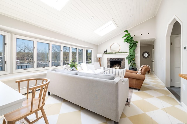 70 N Lake Shore Dr, Brookfield, CT 06804 - living room with wooden ceiling, light floors, a premium fireplace, and lofted ceiling
