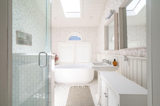 70 N Lake Shore Dr, Brookfield, CT 06804 - bathroom with a wainscoted wall, a stall shower, and wallpapered walls