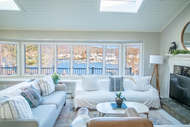 70 N Lake Shore Dr, Brookfield, CT 06804 - living room with wood ceiling, a baseboard radiator, a fireplace, and lofted ceiling with skylight